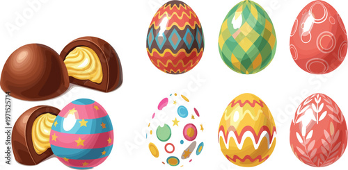 Colorful Easter eggs collection with decorated patterns and chocolate candy eggs festive holiday vector illustration set