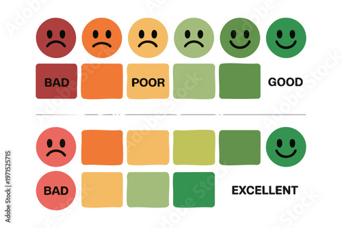 Customer feedback rating scale with colored faces and square icons from bad to excellent satisfaction