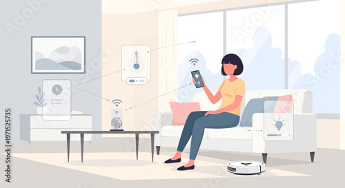Young woman controlling smart home in living room modern lifestyle