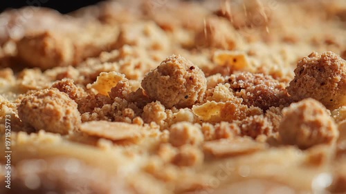 Close up of delicious crumb topping on a dessert.