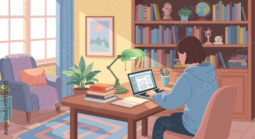 Student doing homework on laptop studying at home illustration