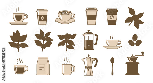 Coffee cups and coffee beans icons.