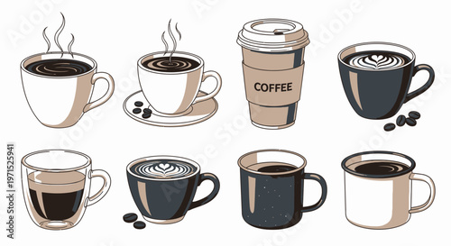 Collection of coffee cups and mugs.