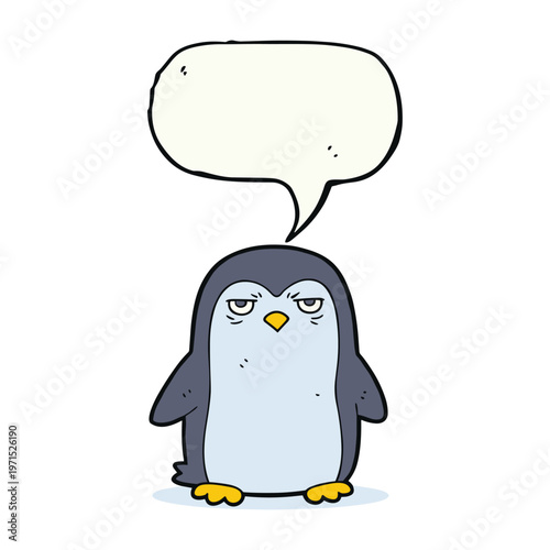 Cartoon illustration of a grumpy penguin with a blank speech bubble above its head