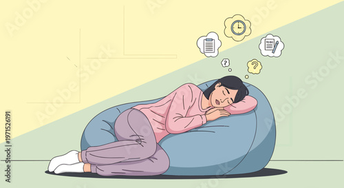 Woman resting on bean bag calm minimalist lifestyle illustration