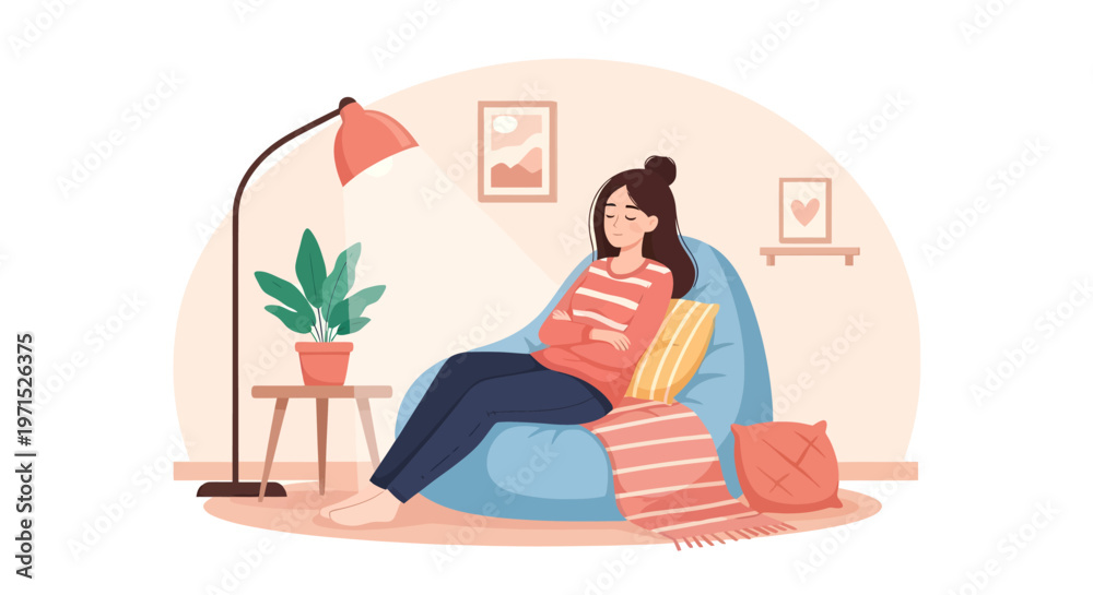 Fototapeta premium Woman relaxing on bean bag modern cozy home illustration