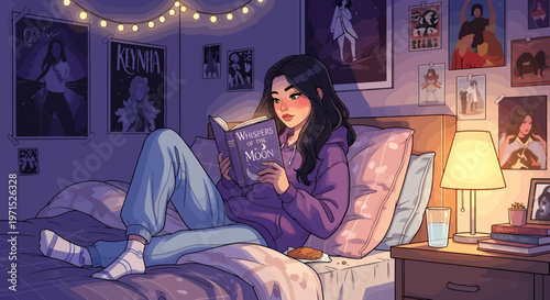 Teen girl reading novel in bedroom cozy night illustration