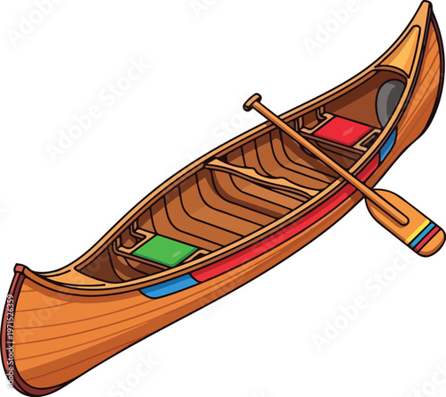 Traditional wooden canoe with paddles and colorful seating vector illustration