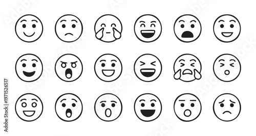 Set of 18 emoticons. smile face icon set. vector collection of happy and sad emoji