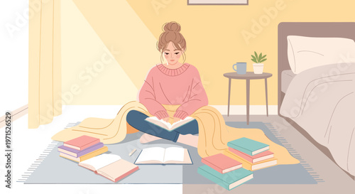 Woman studying on floor cozy home education illustration
