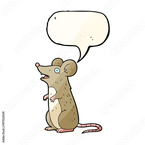 A cartoon illustration of a green mouse standing on its hind legs with an empty speech bubble.