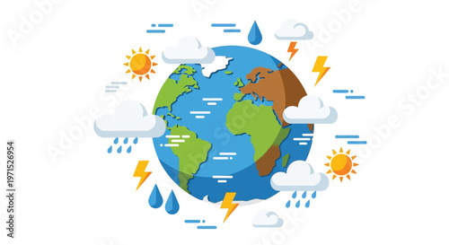 A colorful illustration of the Earth with various weather conditions surrounding it