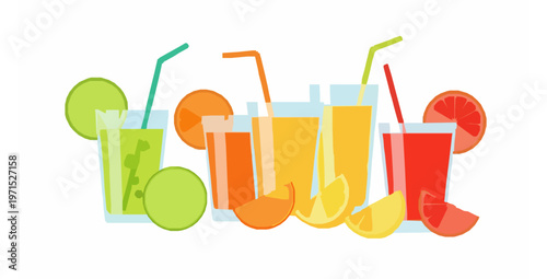 Lime orange lemon and grapefruit juice glasses flat vector illustration set