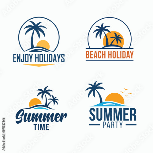 Summer holiday logo set with palm trees and sunset isolated on transparent background