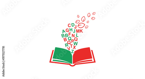 Open book with colorful letters.