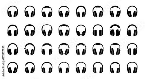 Multiple black headphones icons arranged in rows on white background for audio or music concept