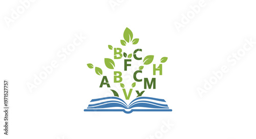 Open Book with Green Leaves Alphabet.