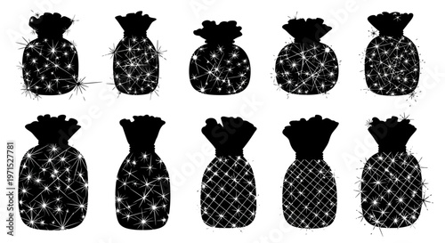 Ten black drawstring bags with white star patterns on a plain white background for decoration or storage