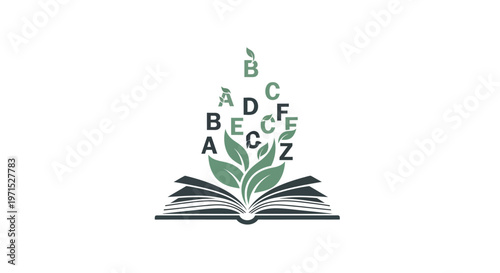 Open Book with Letters and Leaves.