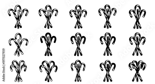 Set of black fleur de lis symbols arranged in rows on white background decorative floral motifs
