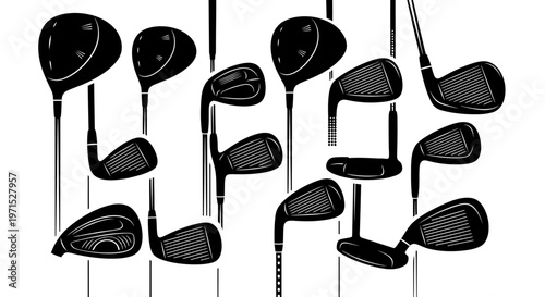 Golf club heads and shafts arranged on white background for golfing and sports equipment concept