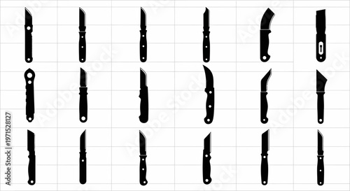 Collection of various black pocket knives on a white grid background showcasing different blade shapes and handle designs