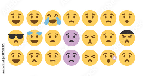 Various colorful emoji faces showing emotions like happiness and sadness, social media icons