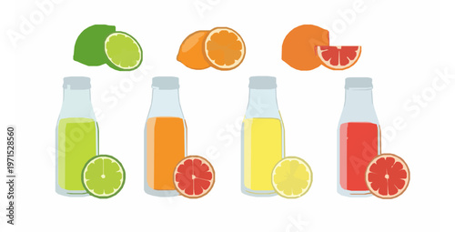 Set of citrus juice bottles with fresh fruit slices flat vector illustration isolated