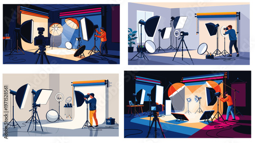 Professional photography studio setup with lights cameras and tripod showing photographer shoot process in creative vector setting with modern equipment scene.