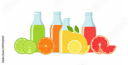 Glass bottles of citrus juice lime orange lemon grapefruit flat vector illustration