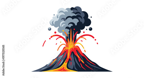 A vibrant illustration of a volcano erupting with lava and smoke
