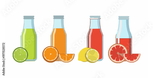 Citrus juices in glass bottles lime orange lemon grapefruit flat vector illustration