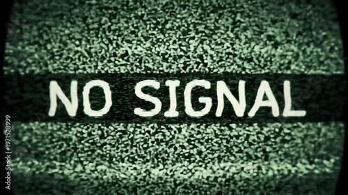 A static television screen displays a black banner with white text saying NO SIGNAL