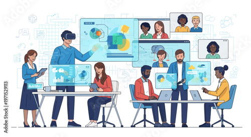 Diverse team collaborating with virtual reality technology and data analysis on multiple screens