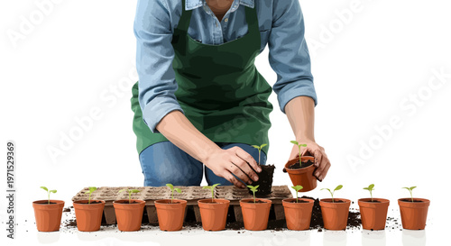 Woman planting seedlings in pots on a wooden pallet outdoors