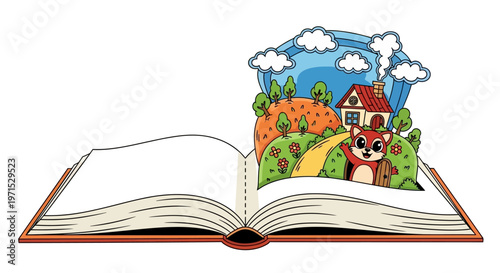 Open Book with Emerging Cartoon Landscape.