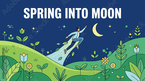 Man Reaching For The Moon With Spring Elements