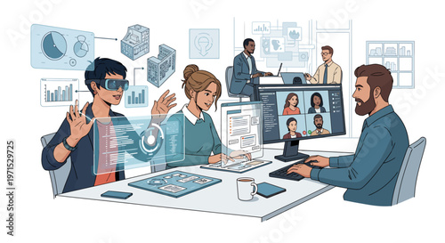 Business team working with virtual reality technology and data analysis