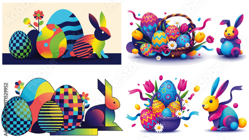 Easter Bunny Vector Graphic with Colorful Eggs and Spring Flowers for Good Friday and Sunday Celebration, Catholic Tradition.
