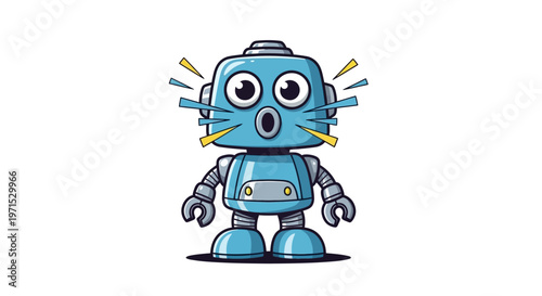 Blue cartoon robot with surprised expression.