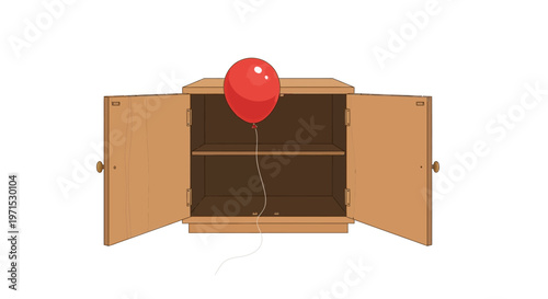 Red balloon inside open cabinet.