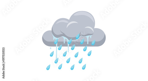 A cartoon illustration of a gray cloud with blue raindrops falling from it
