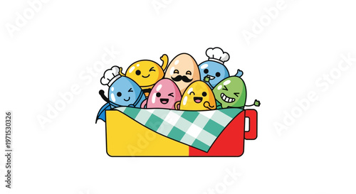 Colorful cartoon dumplings in bowl.