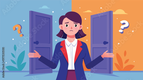 Dilemma and decision-making: A woman stands between two doors, hands outstretched in confusion, symbolizing a difficult choice, indecision, and the crossroads of a critical decision