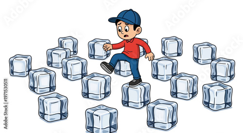 Boy stepping on ice cubes casually.