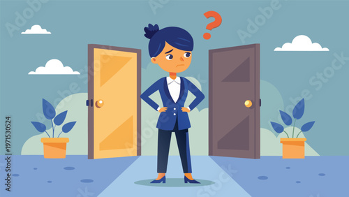 Dilemma and decision-making: A woman stands between two doors, hands outstretched in confusion, symbolizing a difficult choice, indecision, and the crossroads of a critical decision