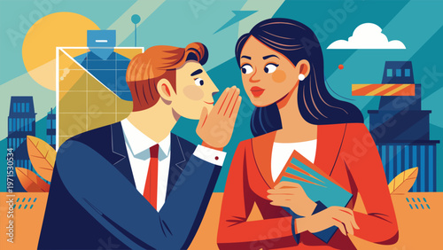 Whispering colleague sharing a secret with businessman office gossip, confidential tip, and discreet communication illustration