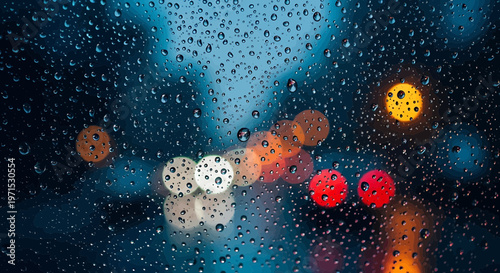 Obraz na plátne Raindrops on Window with Colorful Bokeh Lights at Night, Abstract Urban Scene Ve