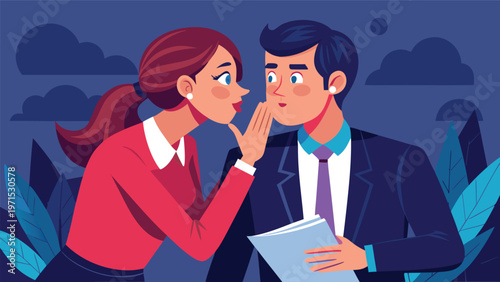 Whispering colleague sharing a secret with businessman office gossip, confidential tip, and discreet communication illustration