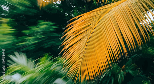 Vibrant Yellow Palm Frond Against Lush Green Foliage, Stylized Vector Illustration
